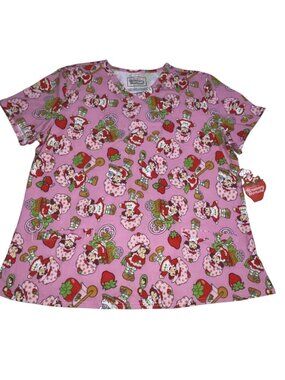 Strawberry Shortcake Scrub Top Shirt Women's Sz XL Medical Wear Comfort New Pink